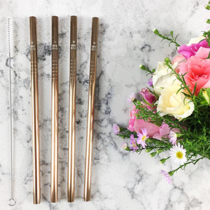 Rose Gold Metal Straws Straight (4 Straws & Cleaning Brush)