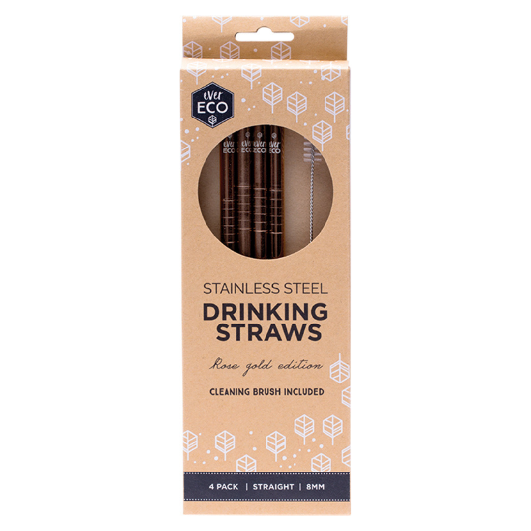 Rose Gold Metal Straws Straight (4 Straws & Cleaning Brush)