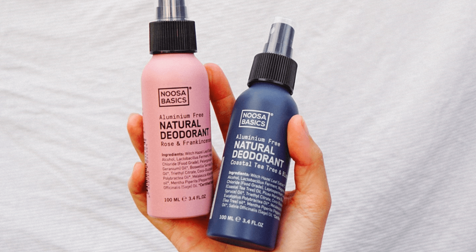 Noosa Basics Natural Deodorant Spray Rose & Frankincense and Noosa Basics Natural Deodorant Spray Coastal Tea Tree & Black Spruce