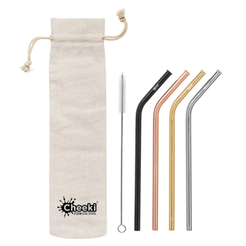 4 Pack Bent Stainless Steel Straws & Bag (4 Straws & Cleaning Brush)